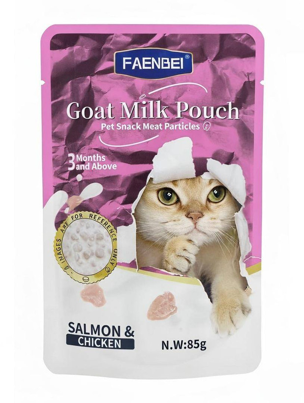 پوچ گربه فنبی مدل چانک طعم سالمون و مرغ داخل شیر بز Faenbei Goat Milk Pouch وزن 85 گرم