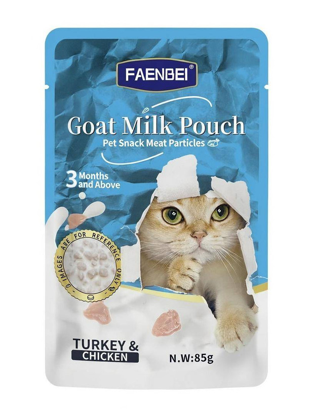 پوچ گربه فنبی مدل چانک طعم مرغ و بوقلمون داخل شیر بز Faenbei goat milk Pouch وزن 85 گرم
