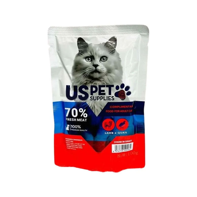 پوچ گربه بالغ یو اس پت با طعم گوشت بره و بلدرچین US PET Fresh Meat وزن ۱۰۰ گرم