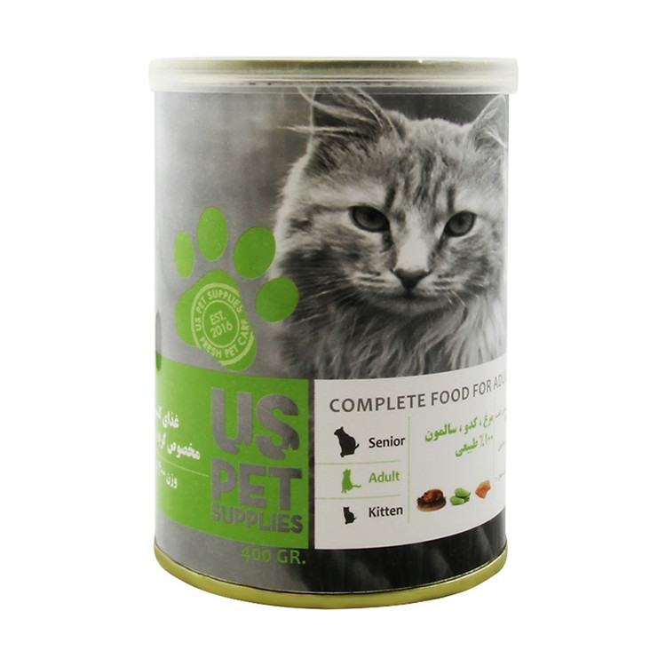 کنسرو غذای گربه US PET با طعم مرغ، سالمون و کدو سبز ۴۰۰ گرم