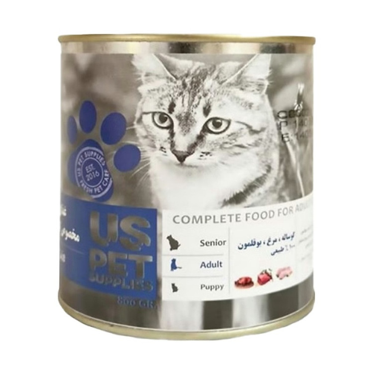 کنسرو غذای گربه US PET با طعم مرغ، گوساله و بوقلمون 8۰۰ گرم